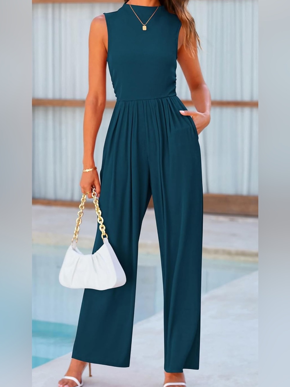 Sleeveless Teal Wide-Leg Jumpsuit with Pockets